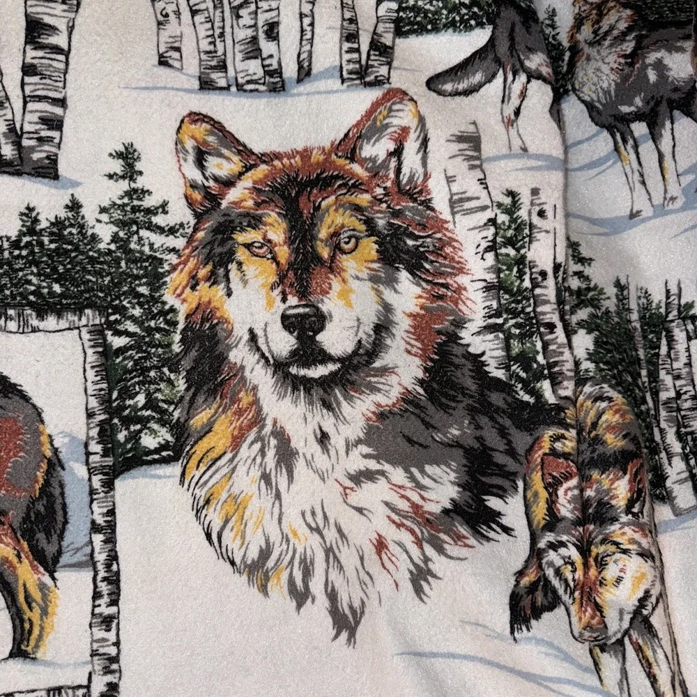 Vtg Blanket Wolves Acrylic Stiff Winter Wooded Scene Birch Trees 60 X 86